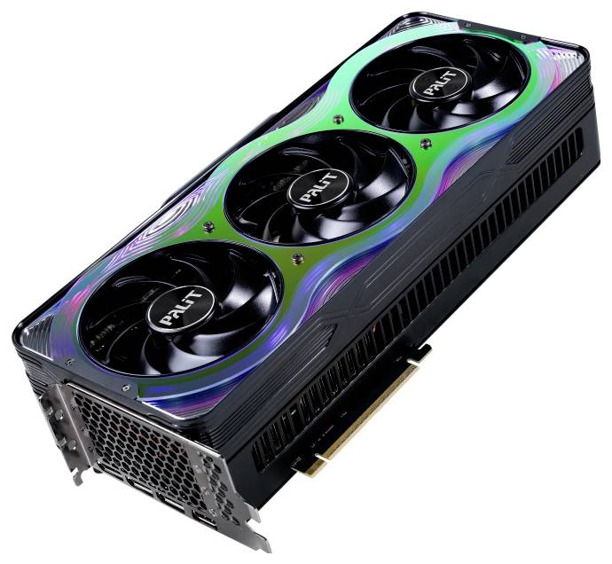 Ein leistungsstarke Grafikkarte mit drei Lüftern und einem schimmernden Farbmuster auf der Oberseite, geeignet für Gaming-PCs.