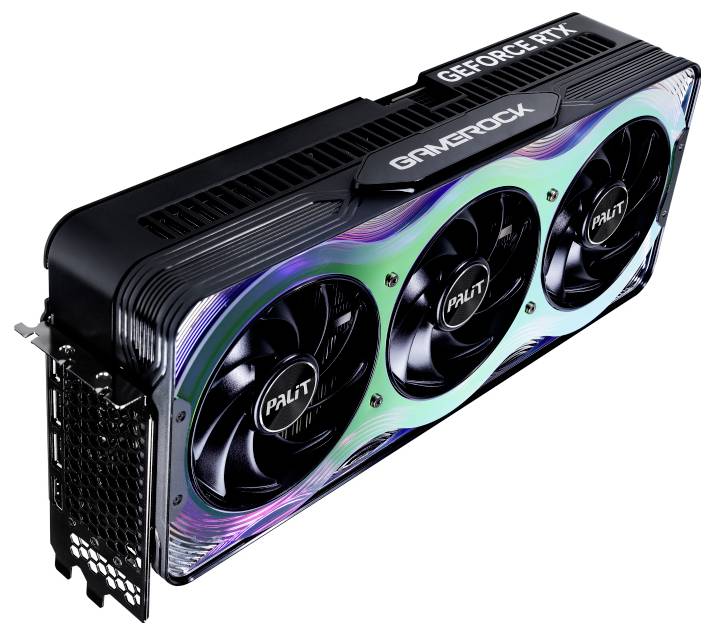 Eine Grafikkarte mit drei Lüftern, markiert mit 'Gamerock' und 'GeForce RTX'. Sie hat ein auffälliges Design in Schwarz und schillernden Farben.