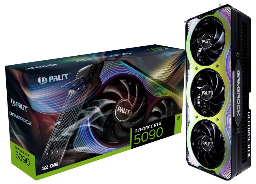 Palit GeForce RTX 5090 Grafikkarte mit drei Lüftern und Verpackung mit grafischem Design; 32 GB Speicher, Modell 'Gamerock'.