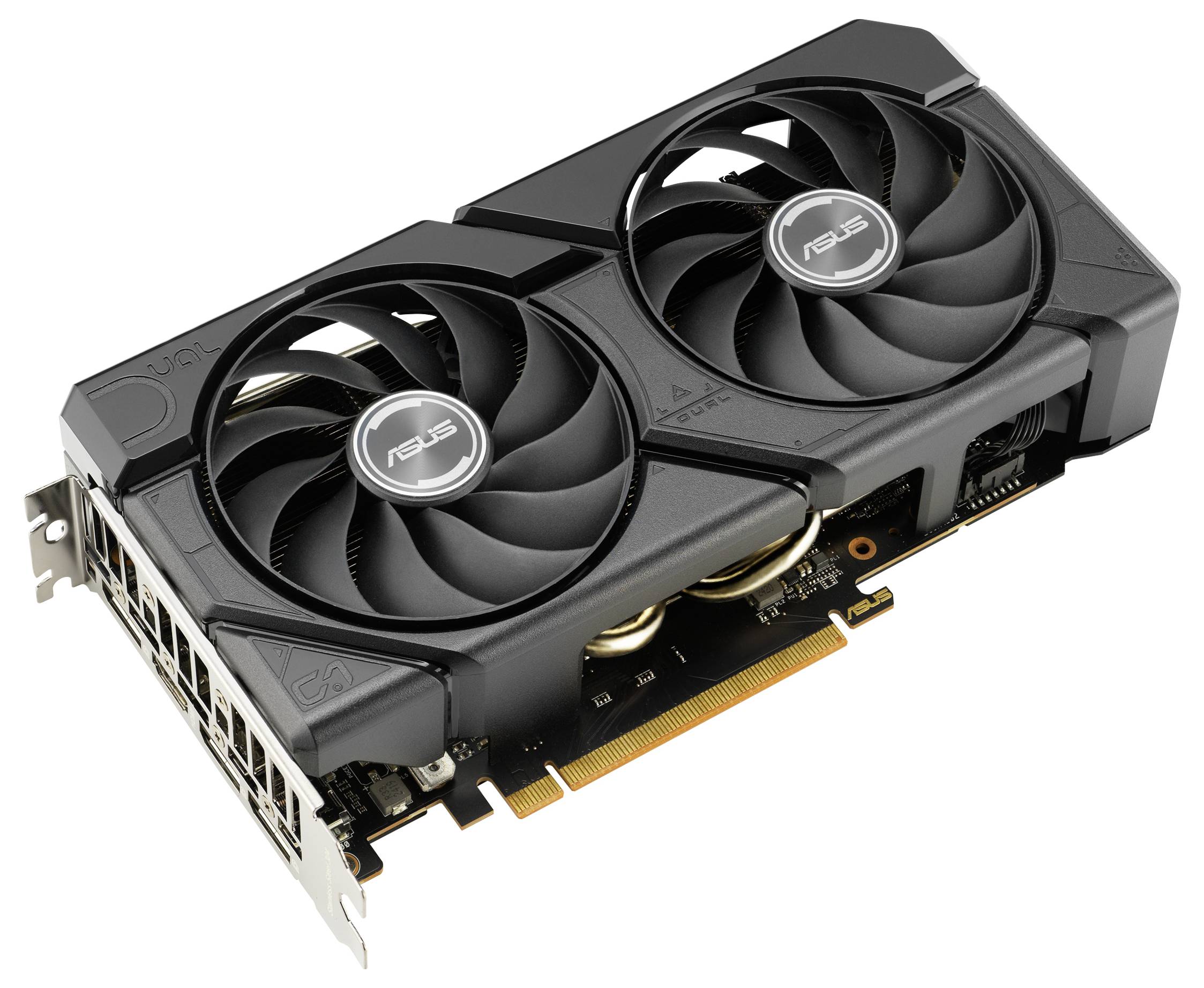 Eine Grafikkarte mit zwei Lüftern in schwarzem Gehäuse. Herstellerlogo 'ASUS' auf beiden Lüftern sichtbar.