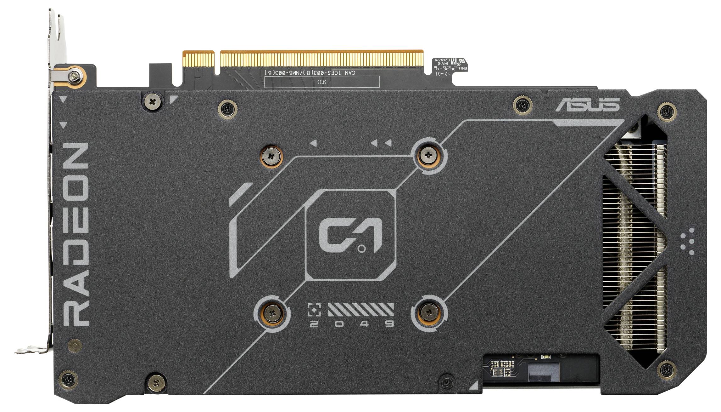 Eine schwarze Computer-Grafikkarte mit der Aufschrift 'Radeon' und 'ASUS', zeigt ein markantes Kühlrippen-Design auf der rechten Seite.