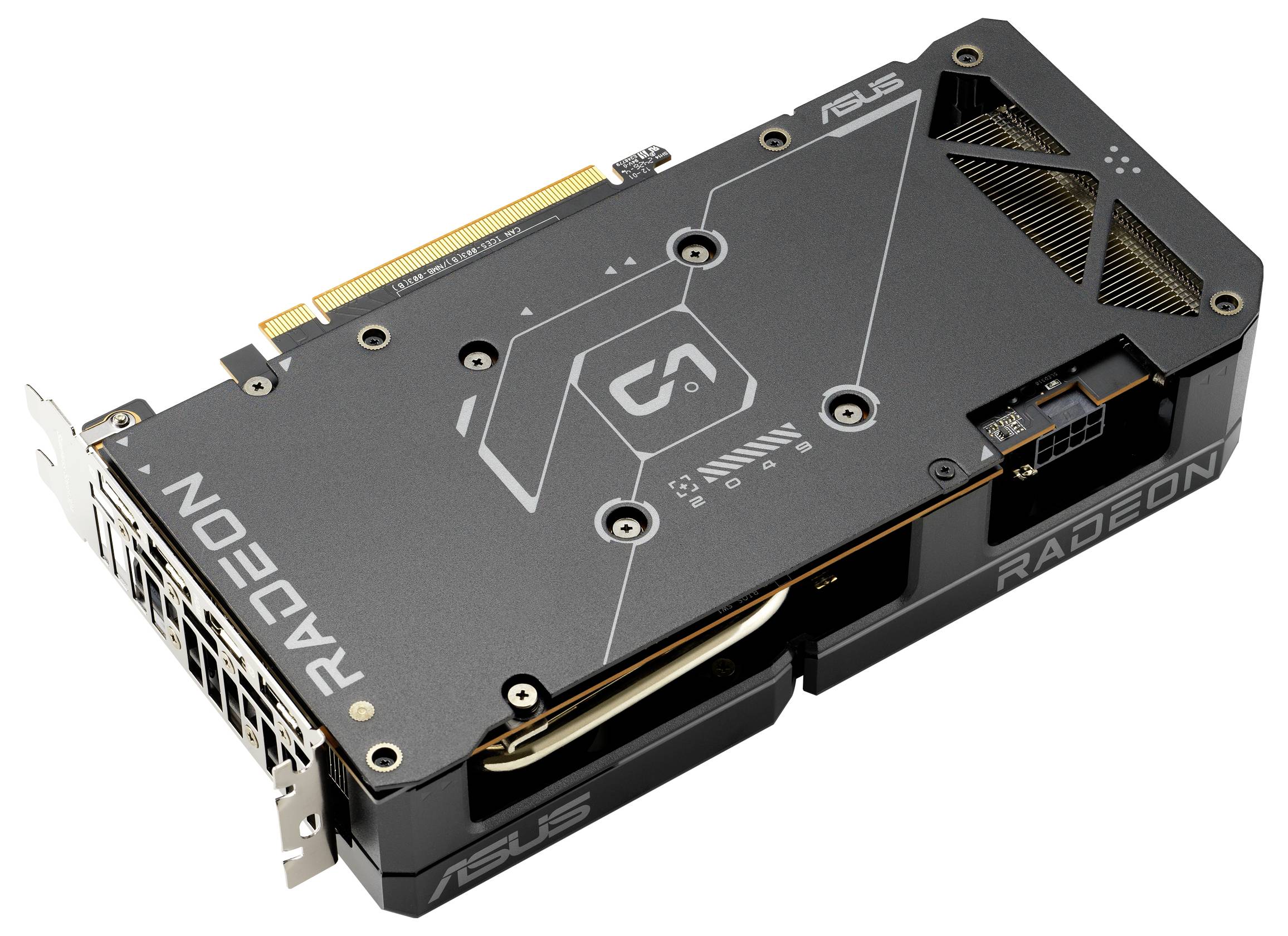 Schwarze ASUS Radeon Grafikkarte mit komplexem Schaltungsdesign, mehreren Kühlöffnungen und elektrischen Anschlüssen.