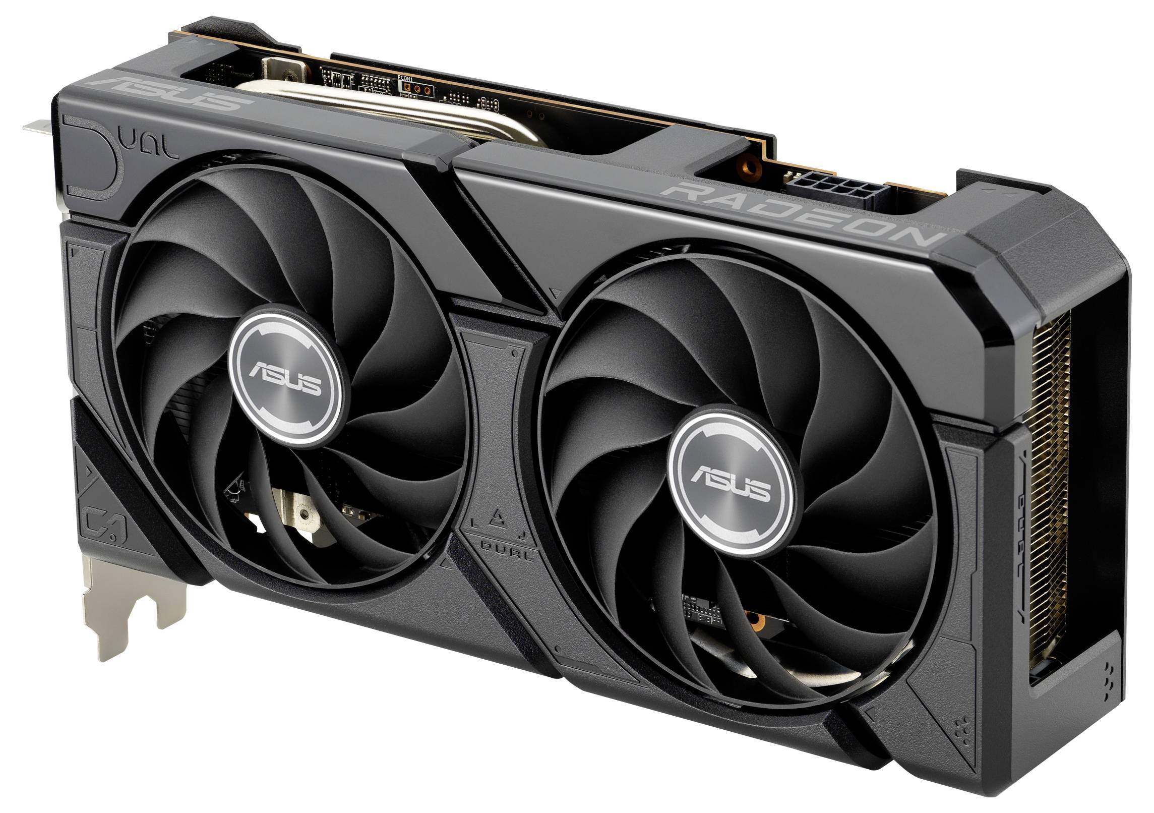 Eine ASUS Grafikkarte mit zwei großen Lüftern, schwarzem Gehäuse und sichtbaren Kühlrippen.