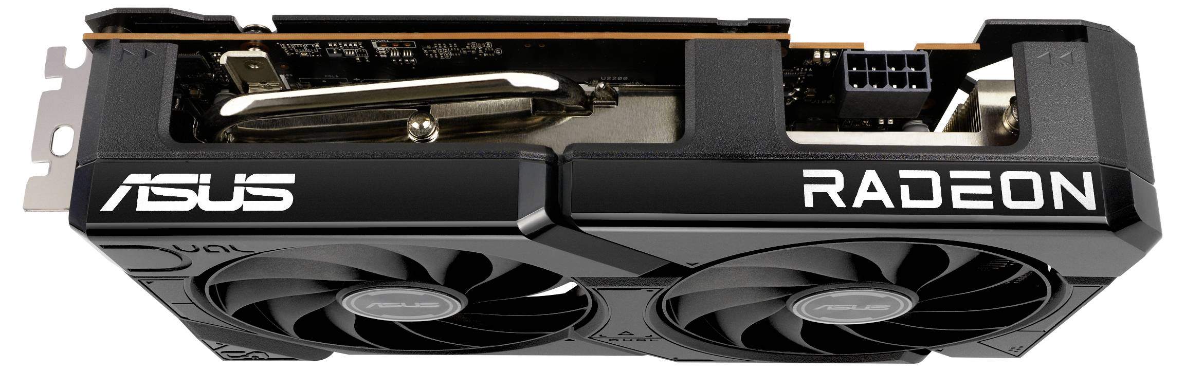 Eine ASUS Radeon Grafikkarte mit zwei Lüftern, seitlicher Anschluss für Stromkabel, geeignet für leistungsstarke Computeranwendungen.
