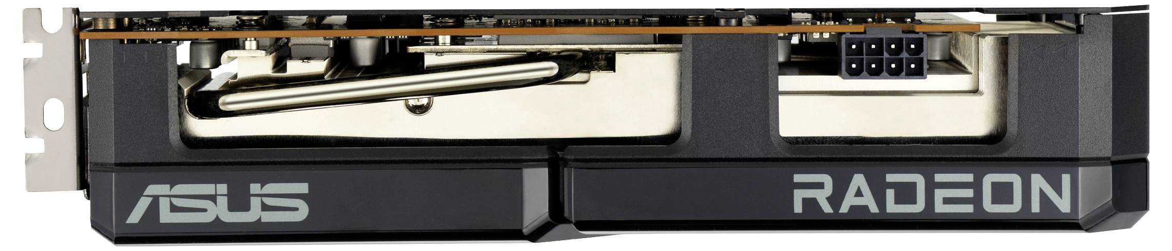 Grafikkarte von Asus mit der Aufschrift 'RADEON'. Sie zeigt den seitlichen Blick auf die Kühlrippen und den Stromanschluss.