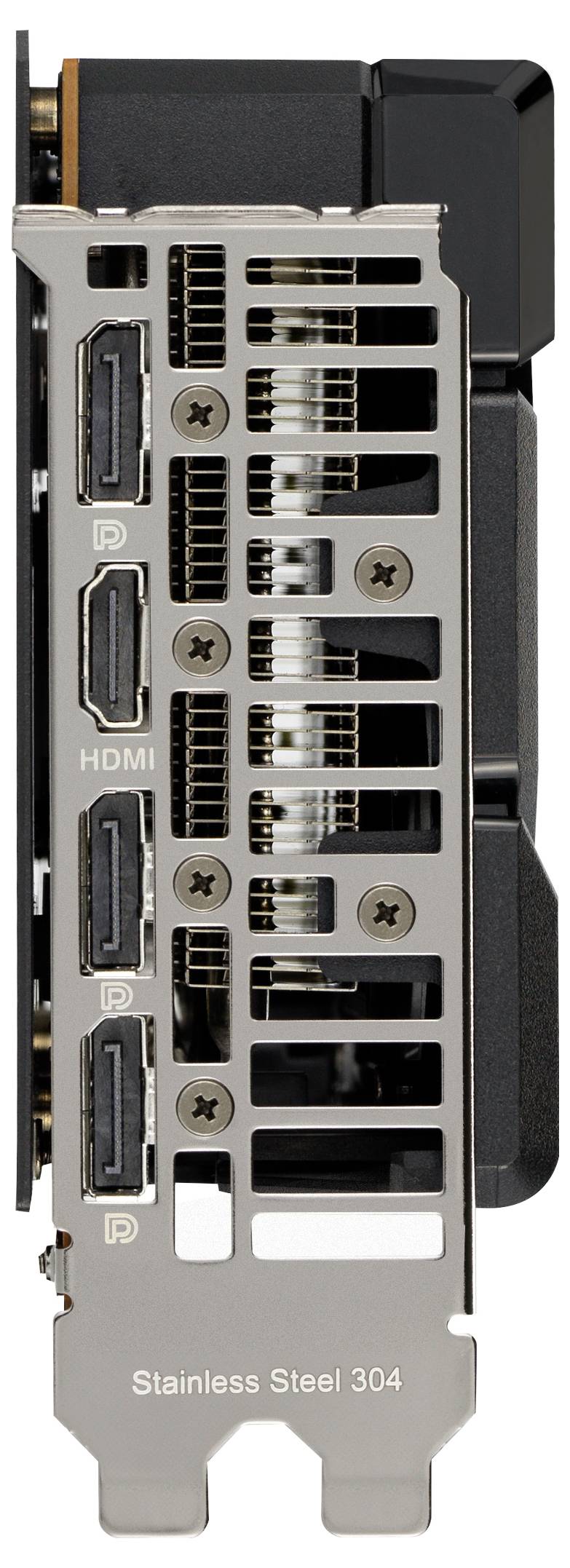 Grafikkarte Rückseite mit mehreren Anschlüssen: zwei DisplayPorts, ein HDMI-Anschluss und ein weiteres DisplayPort. Edelstahl-Halterung.