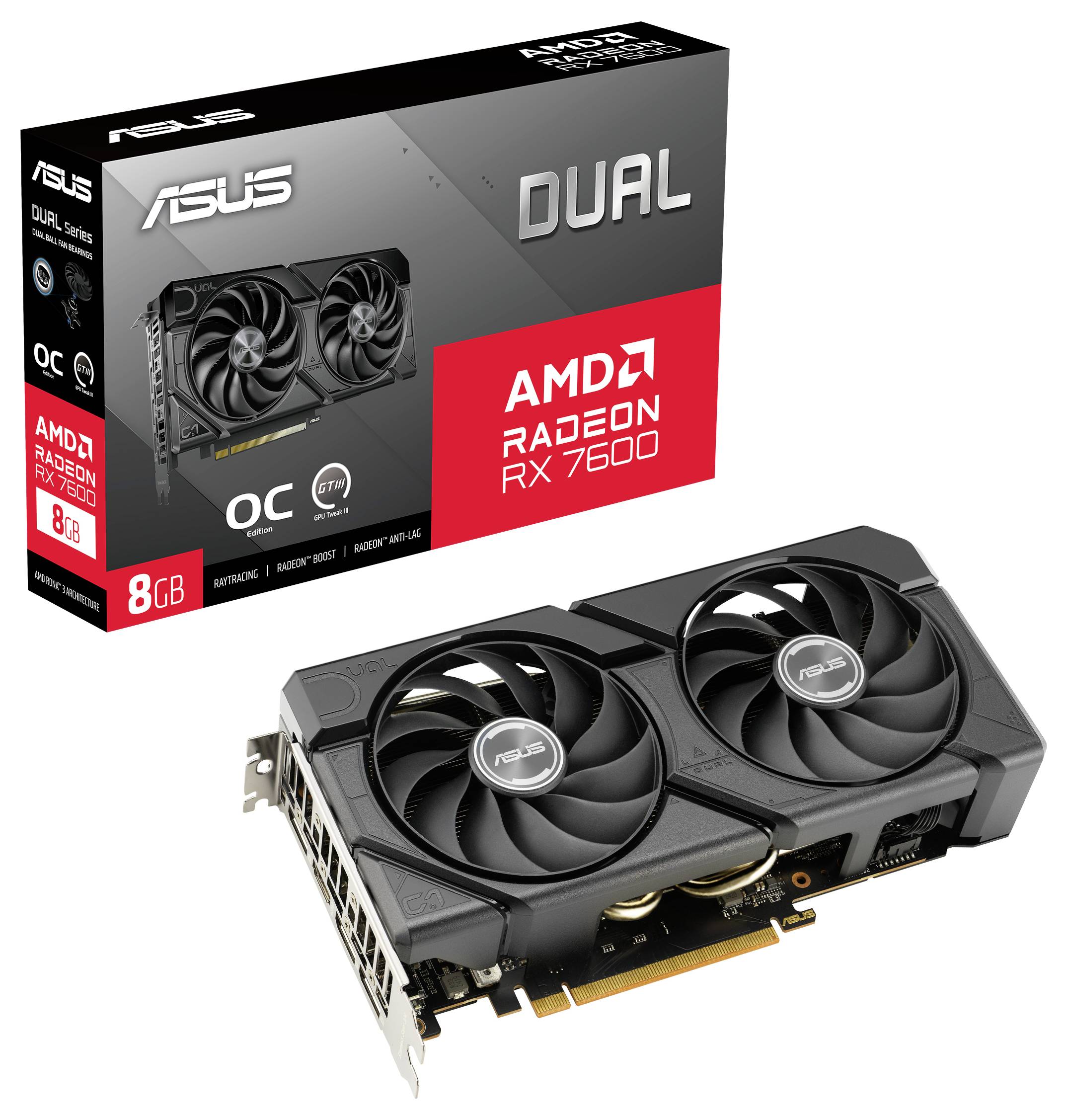 Eine ASUS Dual AMD Radeon RX 7500 Grafikkarte mit 8GB Speicher. Verpackung und Karte mit zwei Lüftern sind abgebildet.