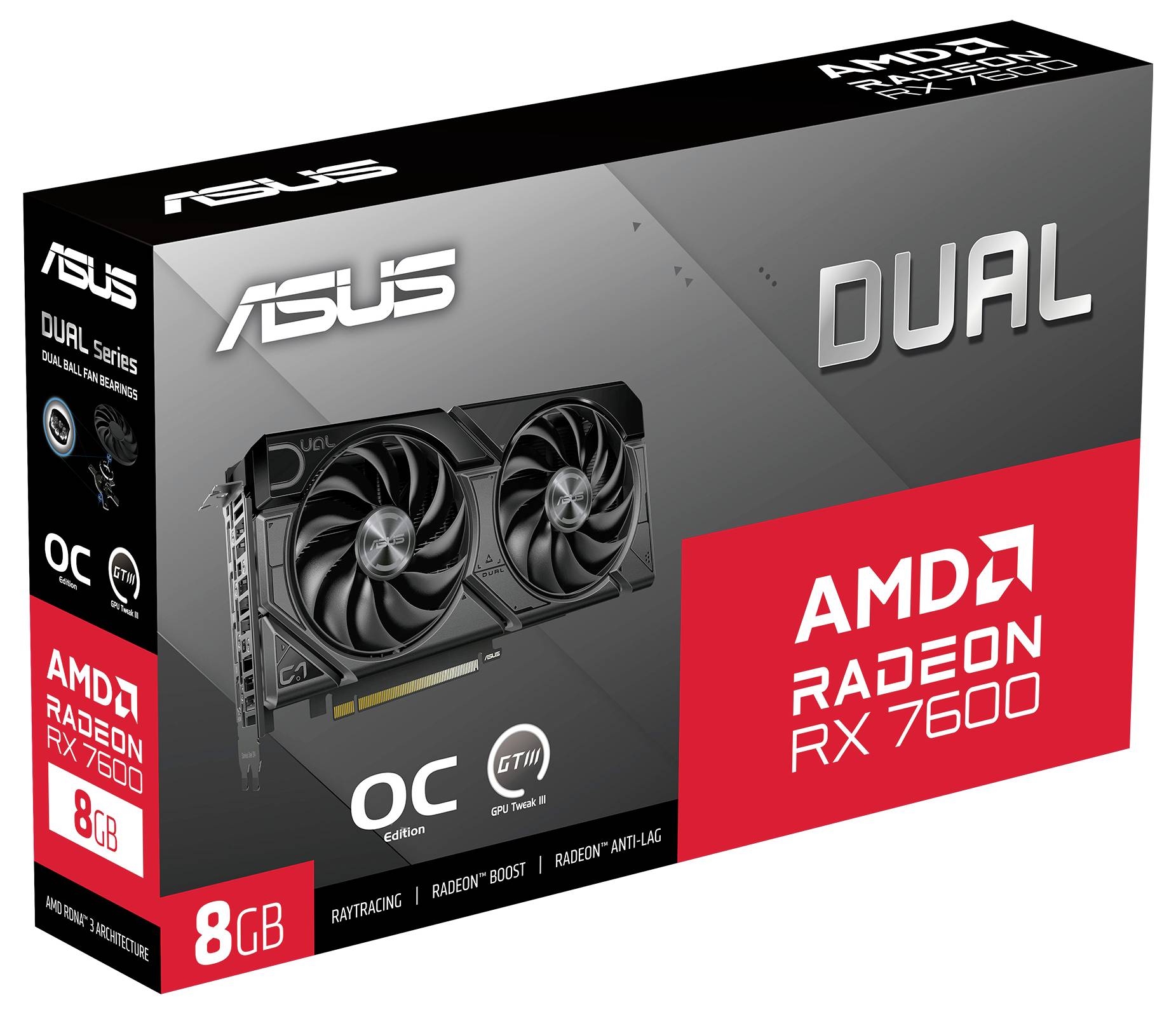 'AMD Radeon RX 7600' Grafikkartenverpackung mit Markenlogo und Aufschrift '8 GB, OC Edition, Raytracing, Radeon Boost, Radeon Anti-Lag'.