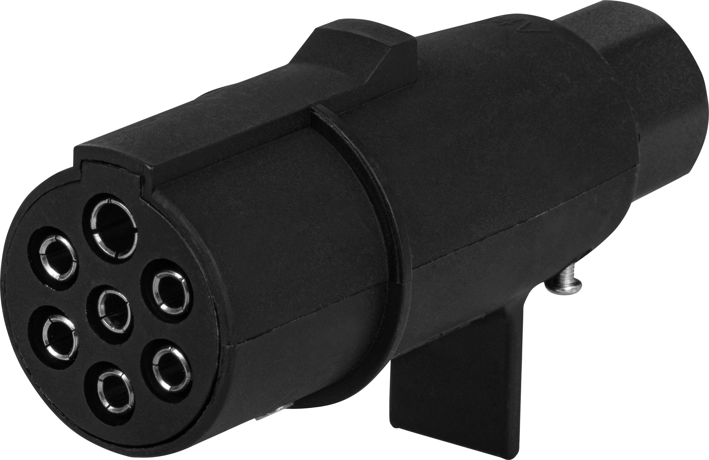 Schwarzer Adapterstecker mit mehreren Anschlusspunkten, verwendet für die Verbindung von Kabelsystemen, insbesondere in Fahrzeugen.