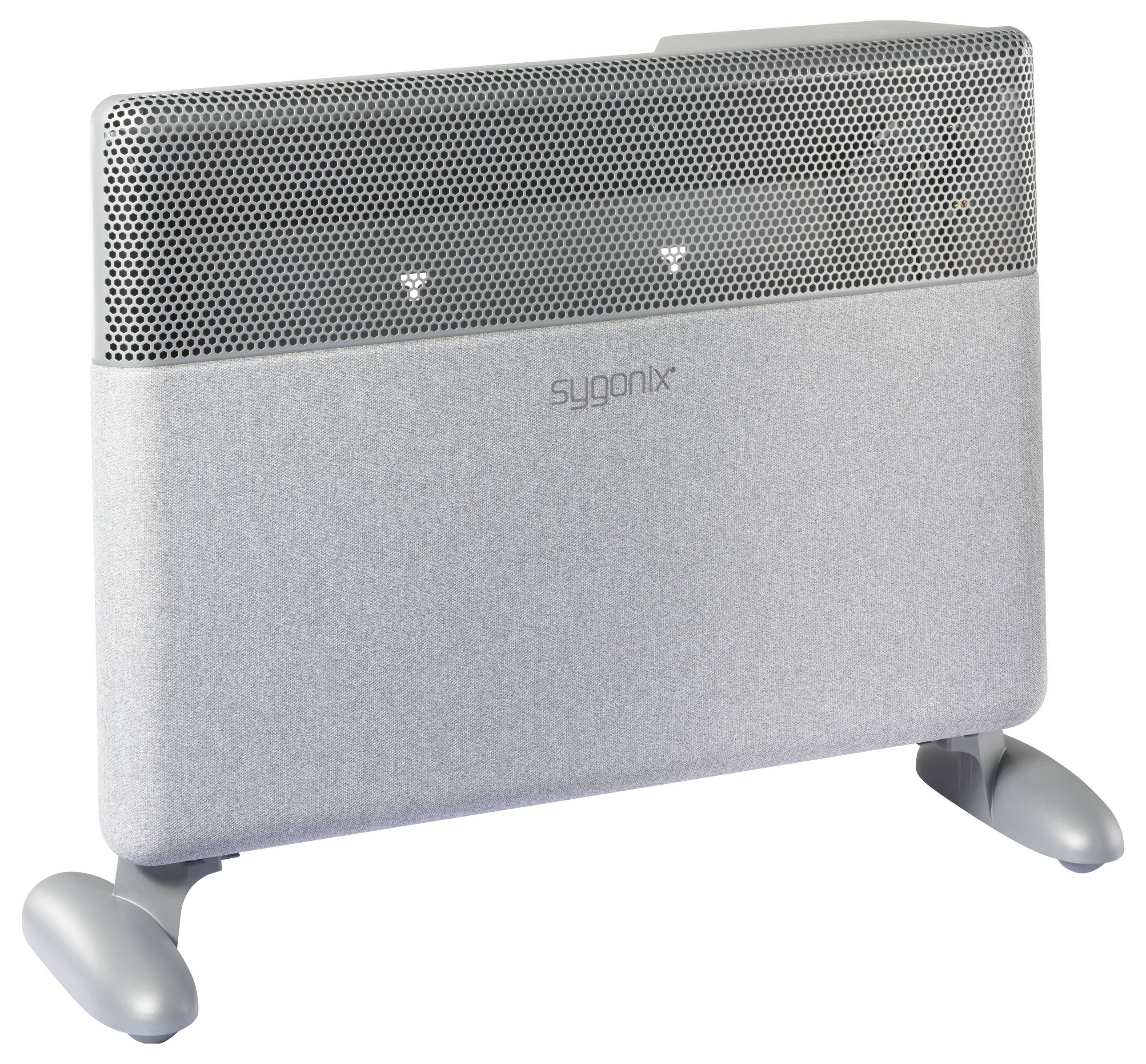 Elektrischer Heizkörper mit modernem Design, silberfarben, steht frei auf Bodenstützen. Ideal für schnelles Heizen kleiner Räume.