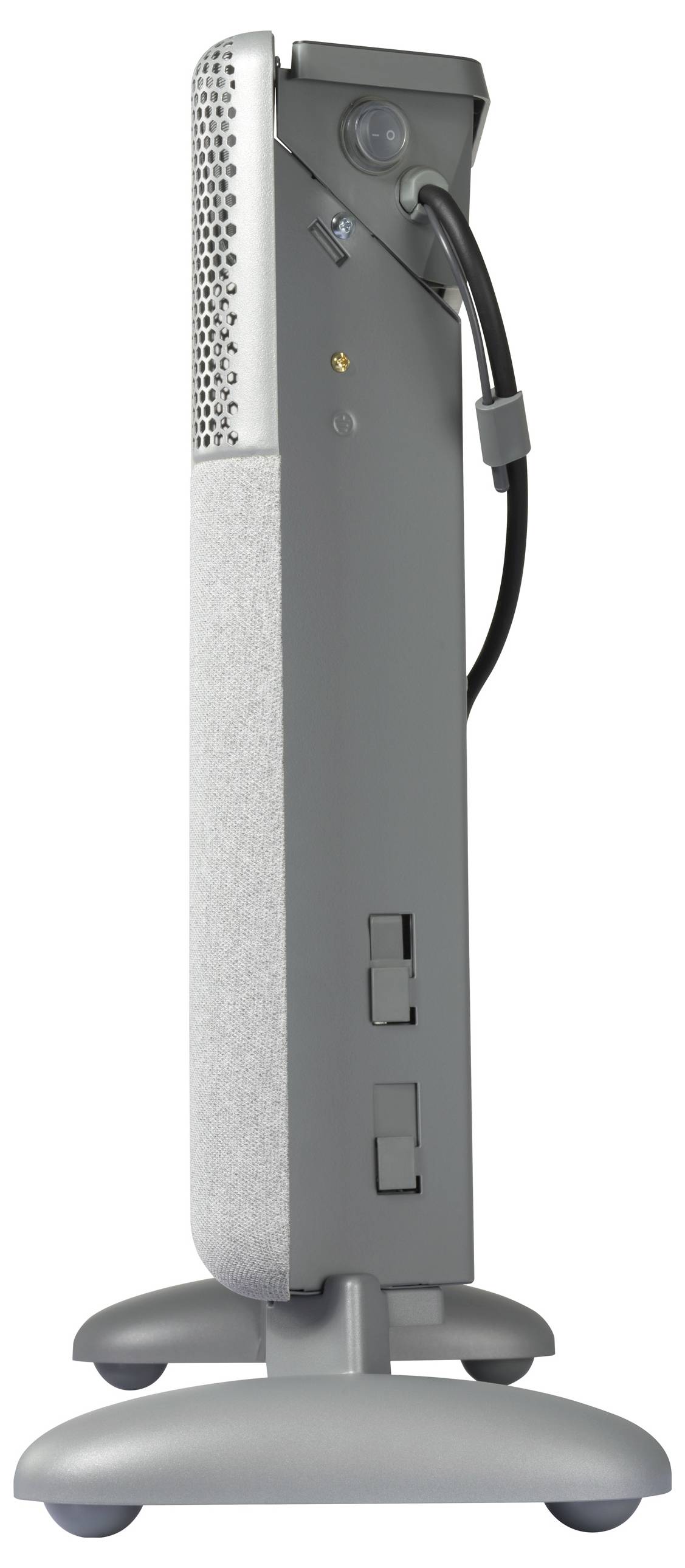 Ein grauer, vertikaler Heizkörper mit Stellfüßen und einem Luftaustauschgitter an der Oberseite. Ein Kabel ist an der Rückseite befestigt.