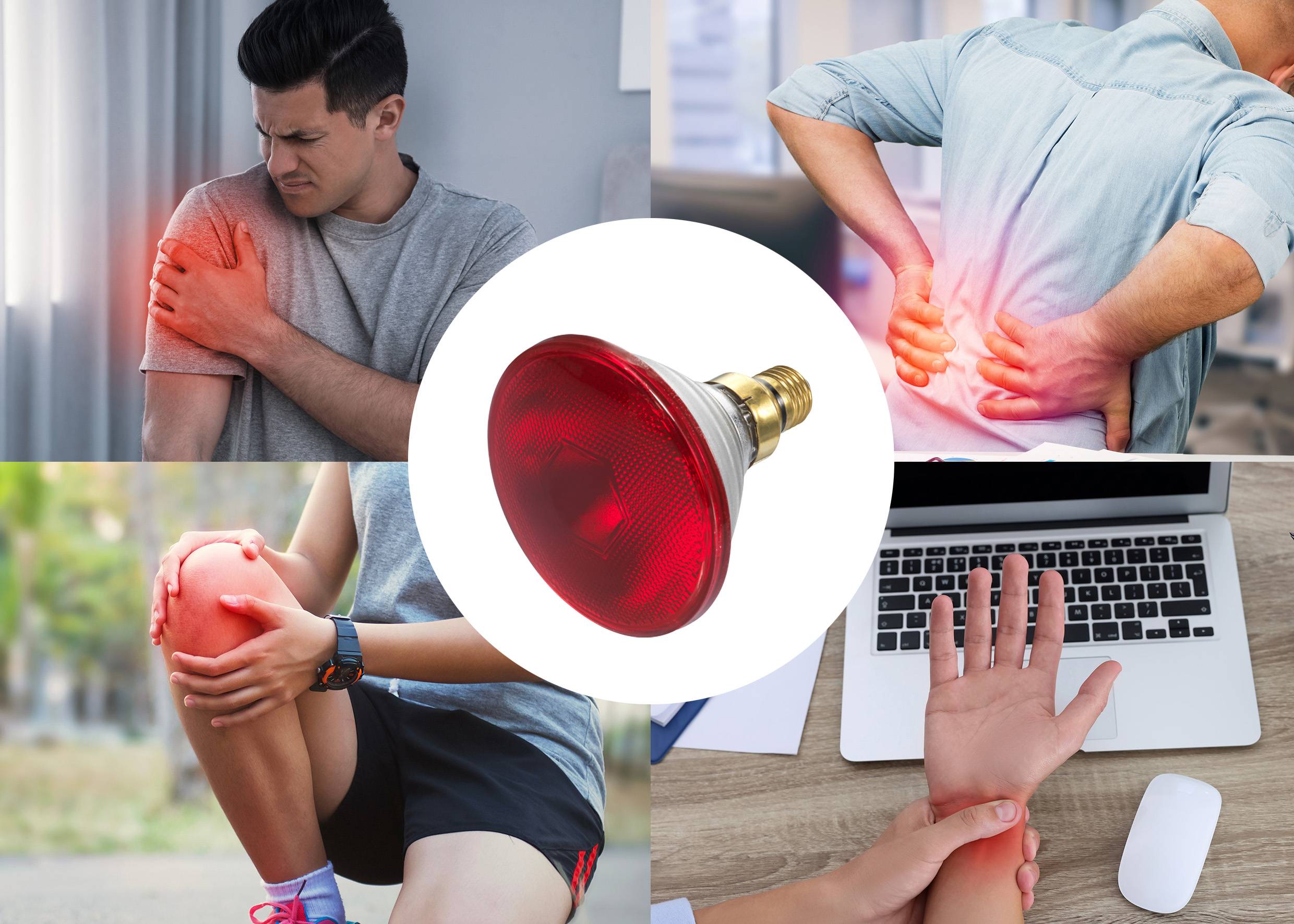 Eine Collage zeigt Personen mit Gelenkschmerzen in Schulter, Rücken, Knie und Handgelenk. Eine rote Lichttherapielampe ist mittig platziert und symbolisiert Linderung.