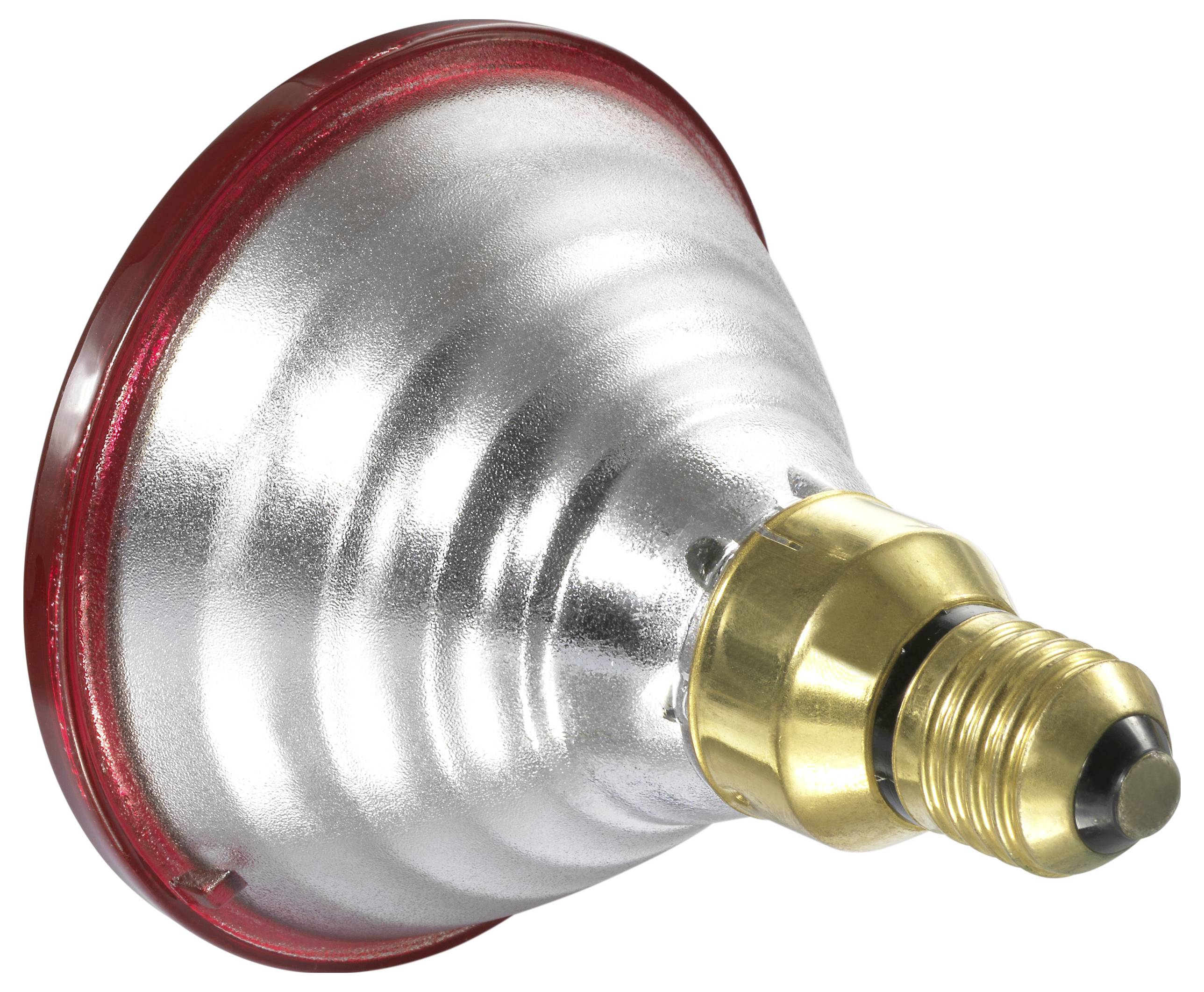 Eine Metallic-Reflektorlampe mit rotem Rand, die eine Schraubfassung aufweist. Die Lampe ist für gerichtete Beleuchtungsanwendungen konzipiert.