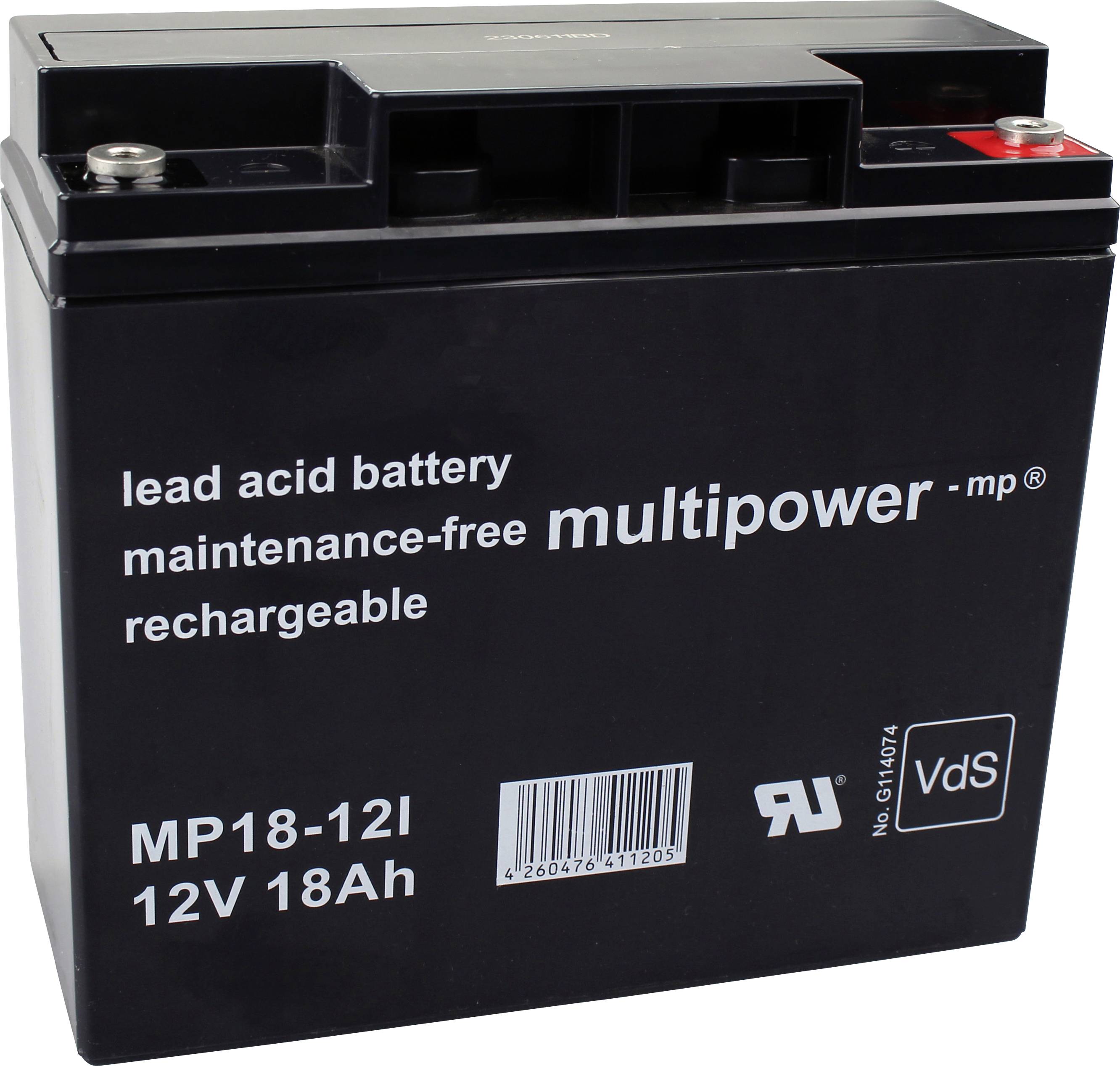 Eine schwarze Blei-Säure-Batterie mit der Aufschrift 'maintenance-free, rechargeable, 12V 18Ah'.