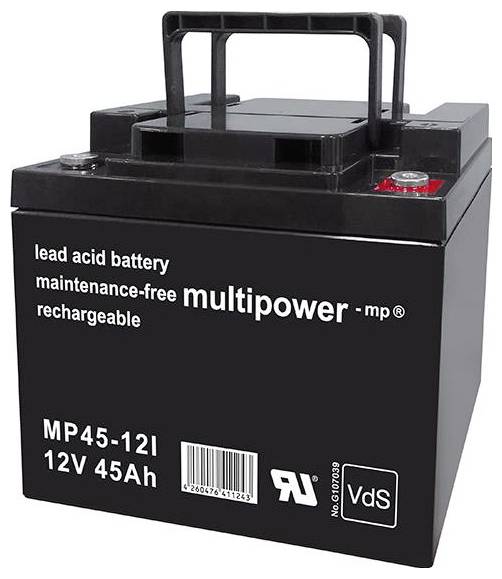 Schwarzer Blei-Säure-Akku mit 12V und 45Ah Kapazität. Aufschrift: 'multipower - mp', 'maintenance-free', sichtbar auf der Vorderseite.