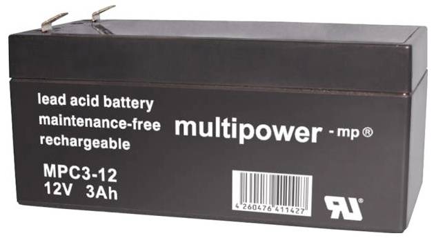 Schwarzer Akku der Marke 'multipower - mp'. Aufschrift: 'lead acid battery, maintenance-free, rechargeable'. Modell: MPC3-12, 12V, 3Ah.