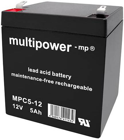 Schwarze Batterie mit Aufschrift 'multipower mp', 'Lead acid battery', 'Maintenance-free rechargeable', Modell MPC5-12, 12V, 5Ah.