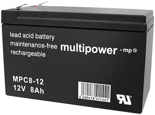 Schwarze Blei-Säure-Batterie mit Aufdruck 'lead acid battery, maintenance-free, multipower, rechargeable, MPC8-12, 12V 8Ah'.