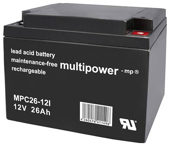 Schwarze Blei-Säure-Batterie, wartungsfrei, wiederaufladbar, Modell MPC26-12I, 12V, 26Ah.