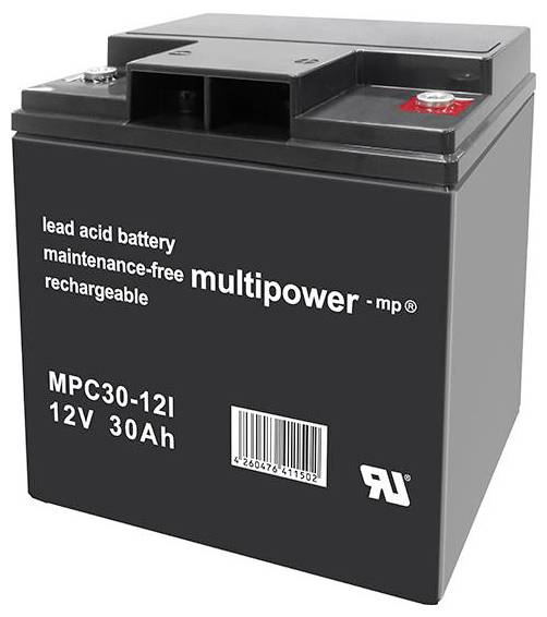 Wartungsfreie Bleibatterie mit 12V und 30Ah, Marke Multipower. Schwarzes Gehäuse, ideal für langfristige Energieversorgung.