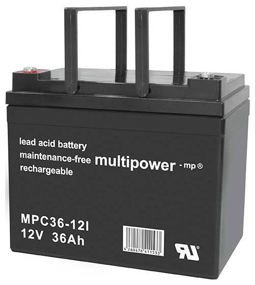 12V 36Ah Blei-Säure-Batterie von Multipower, wiederaufladbar, wartungsfrei. Modell: MPC36-12I.