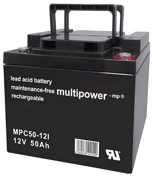 Schwarze, wartungsfreie Blei-Säure-Batterie mit 12V und 50Ah Kapazität. Modell MPC50-12I von Multipower.