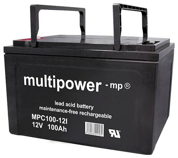 Schwarze Blei-Säure-Batterie der Marke 'multipower', Modell MPC100-12I, 12V, 100Ah, wartungsfrei, mit zwei Griffen oben.