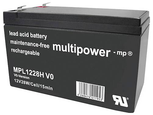 Schwarze Blei-Säure-Batterie von Multipower, mit Aufschrift 'maintenance-free, rechargeable, 12V 28W/Cell/15min'.