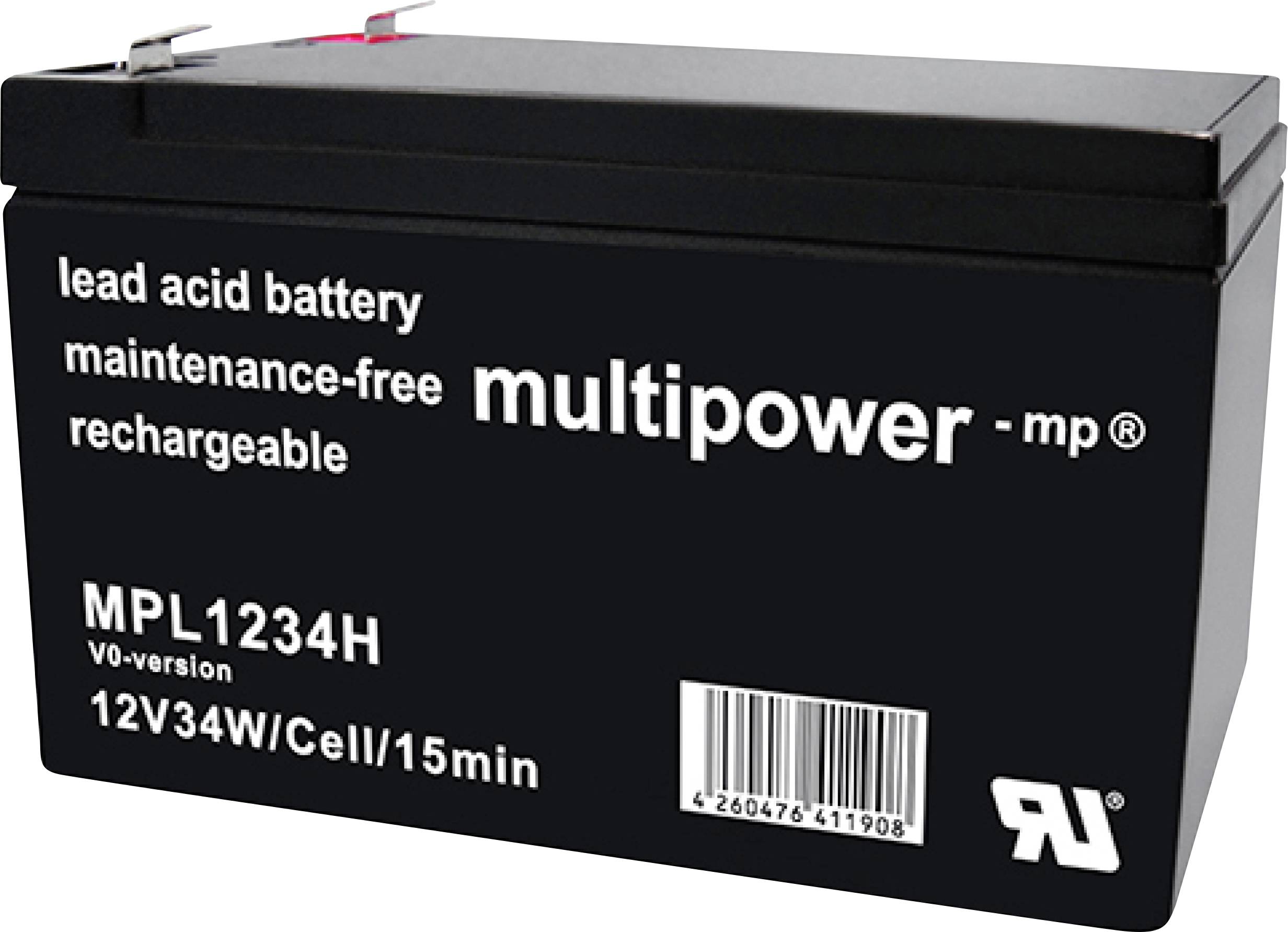 Schwarze Blei-Säure-Batterie mit Aufschrift 'maintenance-free, rechargeable, multipower'. Modell MPL1234H, 12V34W/Cell/15min.