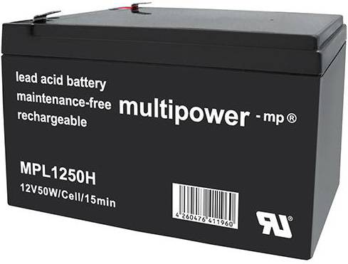 Schwarze Blei-Säure-Batterie, Modell MPL1250H. Aufschrift: 'lead acid battery maintenance-free rechargeable multipower - mp'.