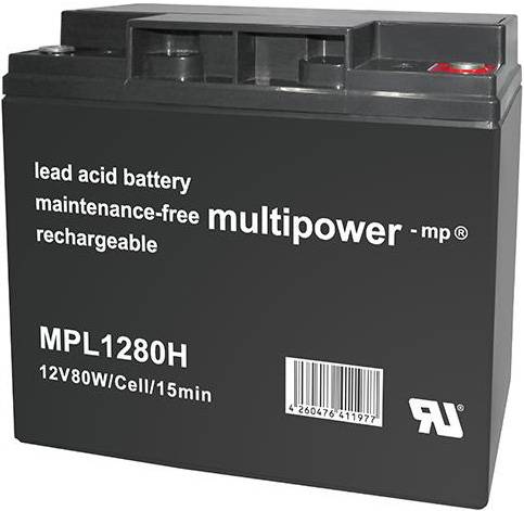 Schwarze Bleisäurebatterie mit der Aufschrift 'lead acid battery, maintenance-free, multipower - mp, rechargeable, MPL1280H, 12V80W/Cell/15min'.