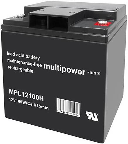 Schwarze Bleisäurebatterie mit Beschriftung 'lead acid battery maintenance-free rechargeable multipower'. Modell MPL12100H.