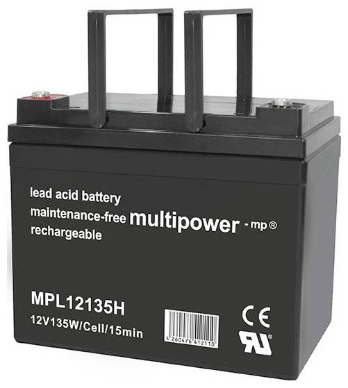 Blei-Säure-Batterie 'Multipower MPL12135H', wartungsfrei und wiederaufladbar, 12V 135W, schwarzes Gehäuse mit Griffen und CE-Zulassung.