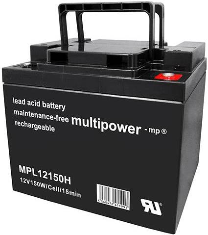 Schwarze Blei-Säure-Batterie, wartungsfrei, wiederaufladbar. Modell 'MPL12150H', 12V 150W.