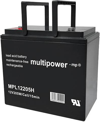 Schwarze Blei-Säure-Batterie mit der Aufschrift 'multipower - mp®' und 'MPL12205H 12V205W/Cell/15min', wartungsfrei und wiederaufladbar.