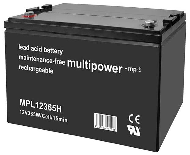 Schwarze Blei-Säure-Batterie, wartungsfrei, wiederaufladbar, Modell MPL12365H, 12V, 365 Wattstunden.