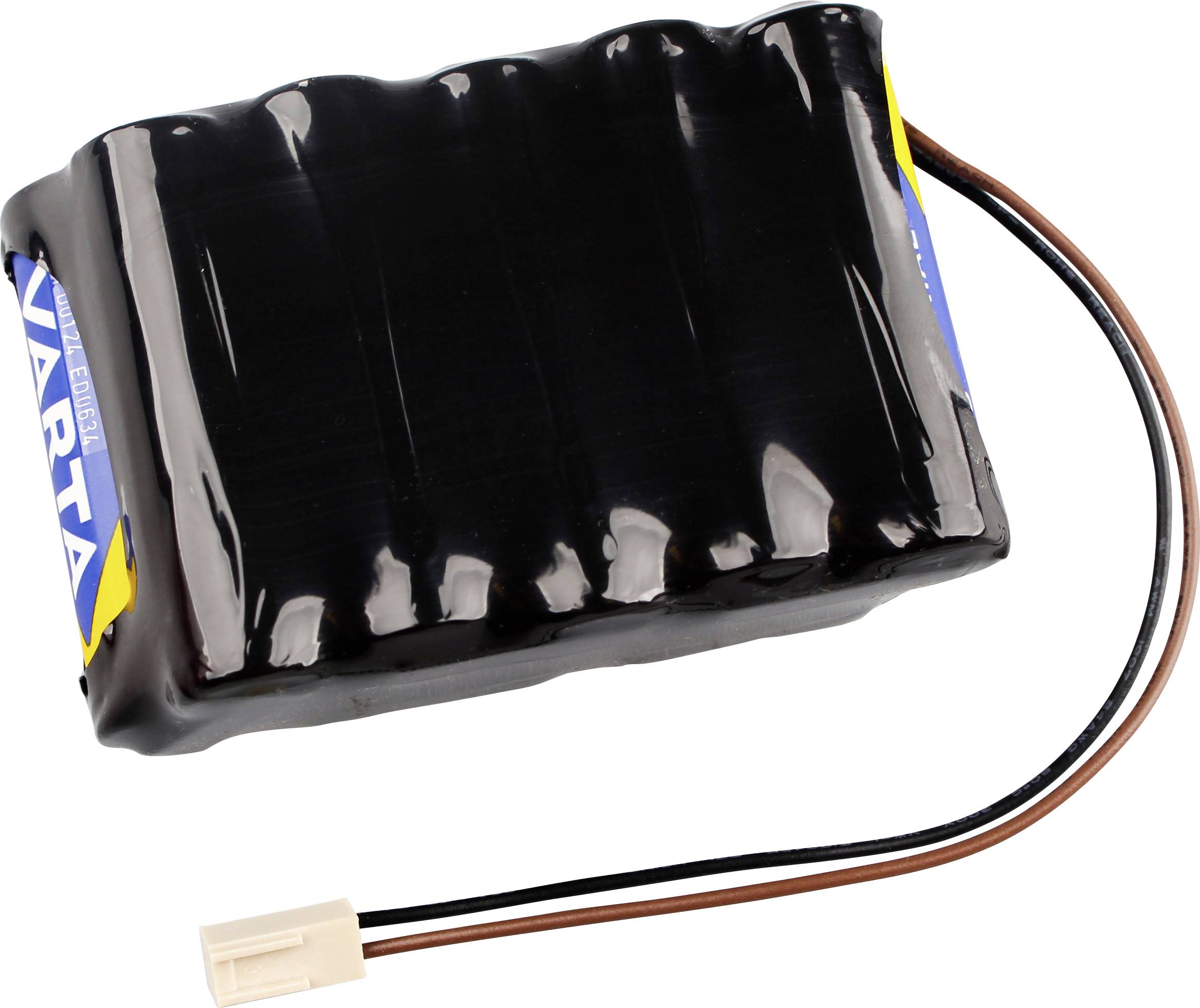 Ein schwarzer Akkupack mit zwei herausragenden Kabeln und einem weißen Steckverbinder. Markenname ist teilweise sichtbar.