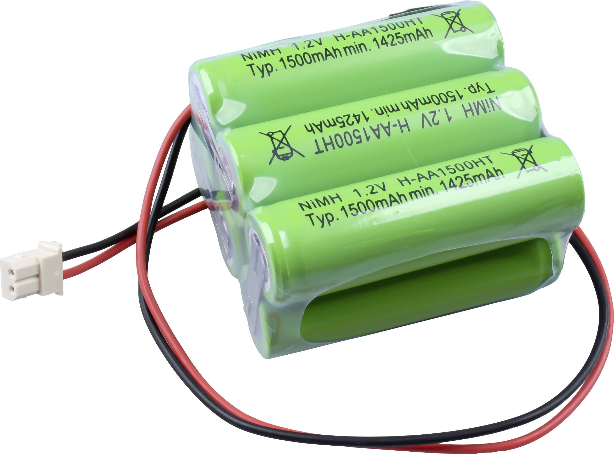 Grünes Akku-Pack mit drei zylindrischen Batterien, Verbindungskabel und weißem Stecker. Aufdruck: '1.2V NIMH H-AA1500HT'.