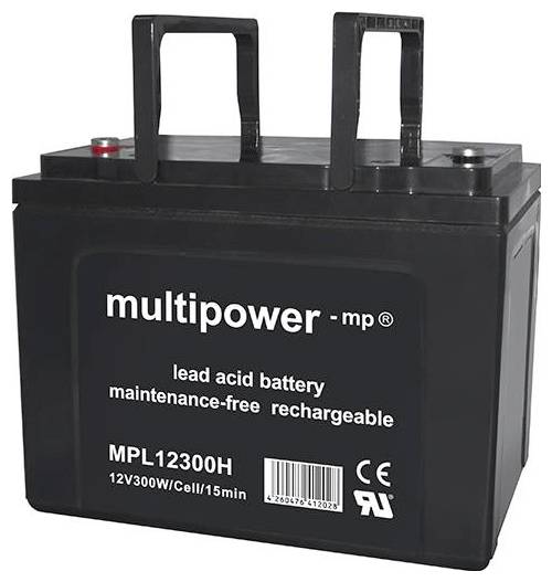 Schwarze Blei-Säure-Batterie, Modell MPL12300H, 12V, 300W, wartungsfrei und wiederaufladbar, von der Marke 'multipower'.