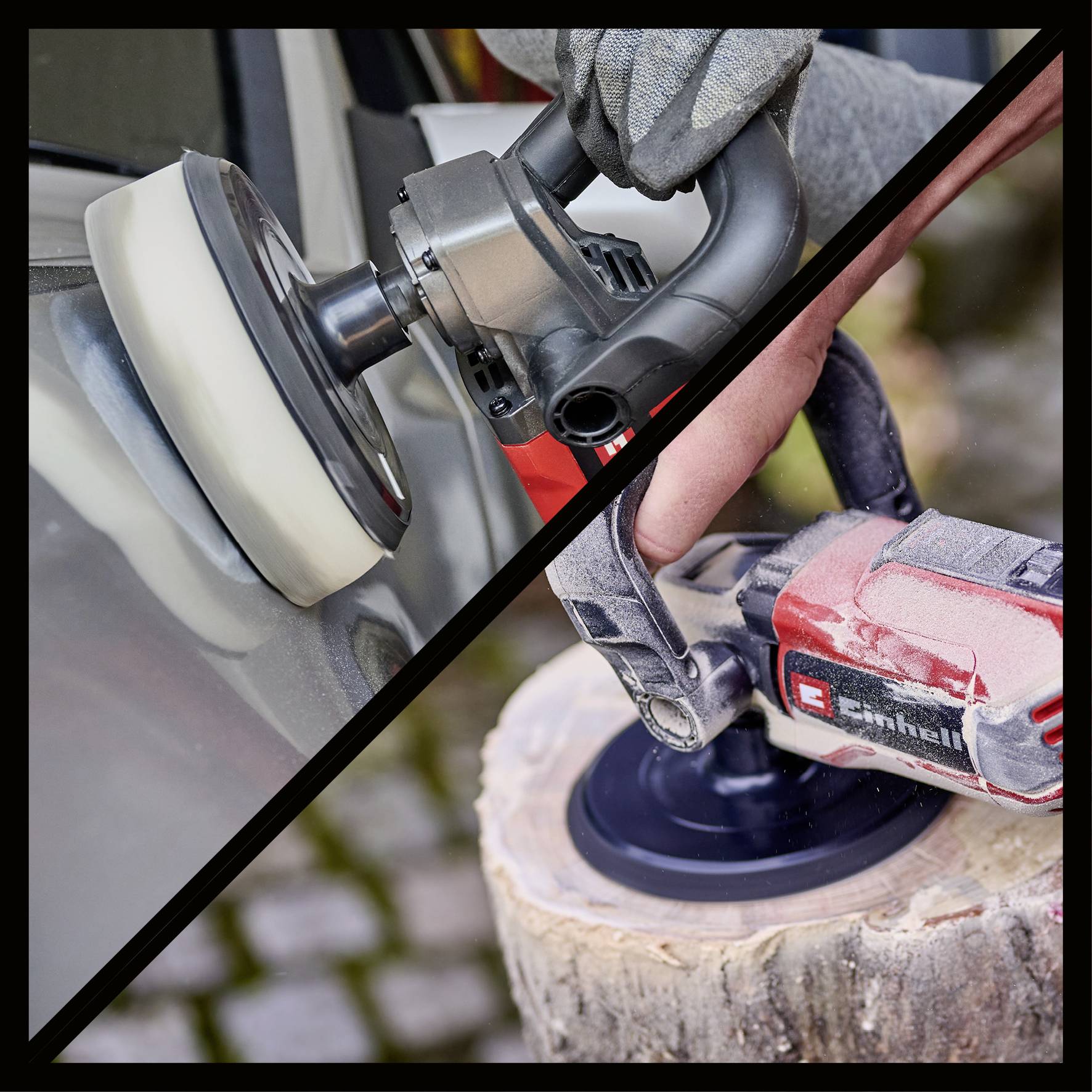 Eine Hand hält eine Poliermaschine, poliert links eine Autotür, rechts wird Holz geschliffen. Kontrastreicher Vorher-Nachher-Vergleich.