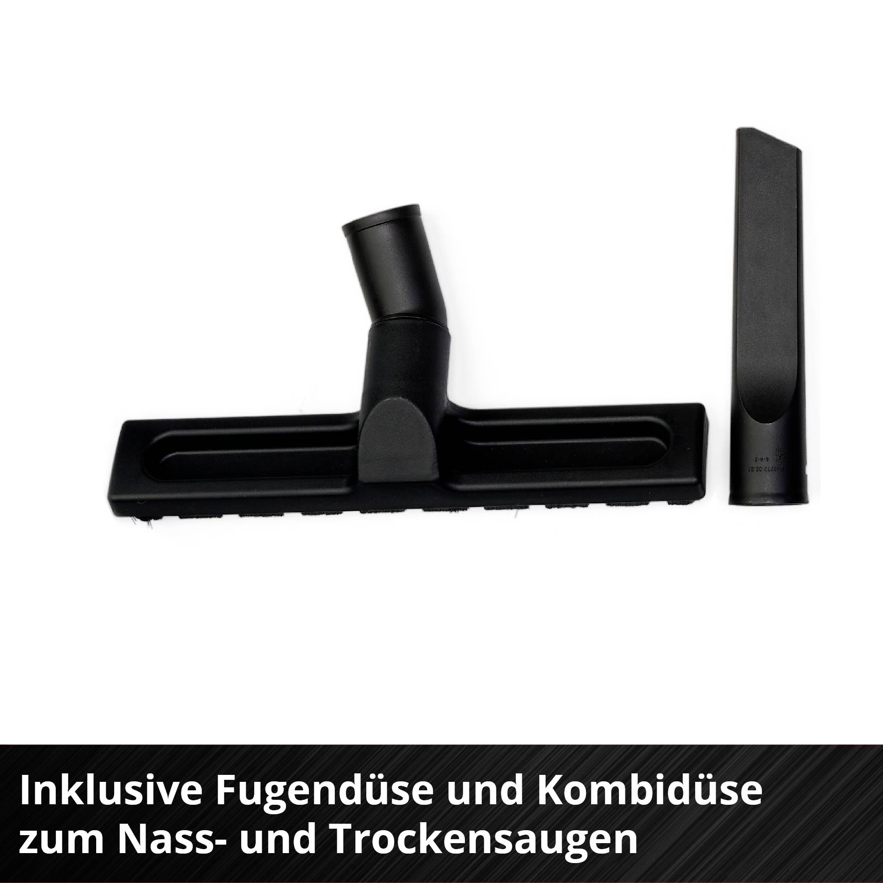 'Inklusive Fugendüse und Kombidüse zum Nass- und Trockensaugen.' Schwarze Saugeraufsätze vor weißem Hintergrund.