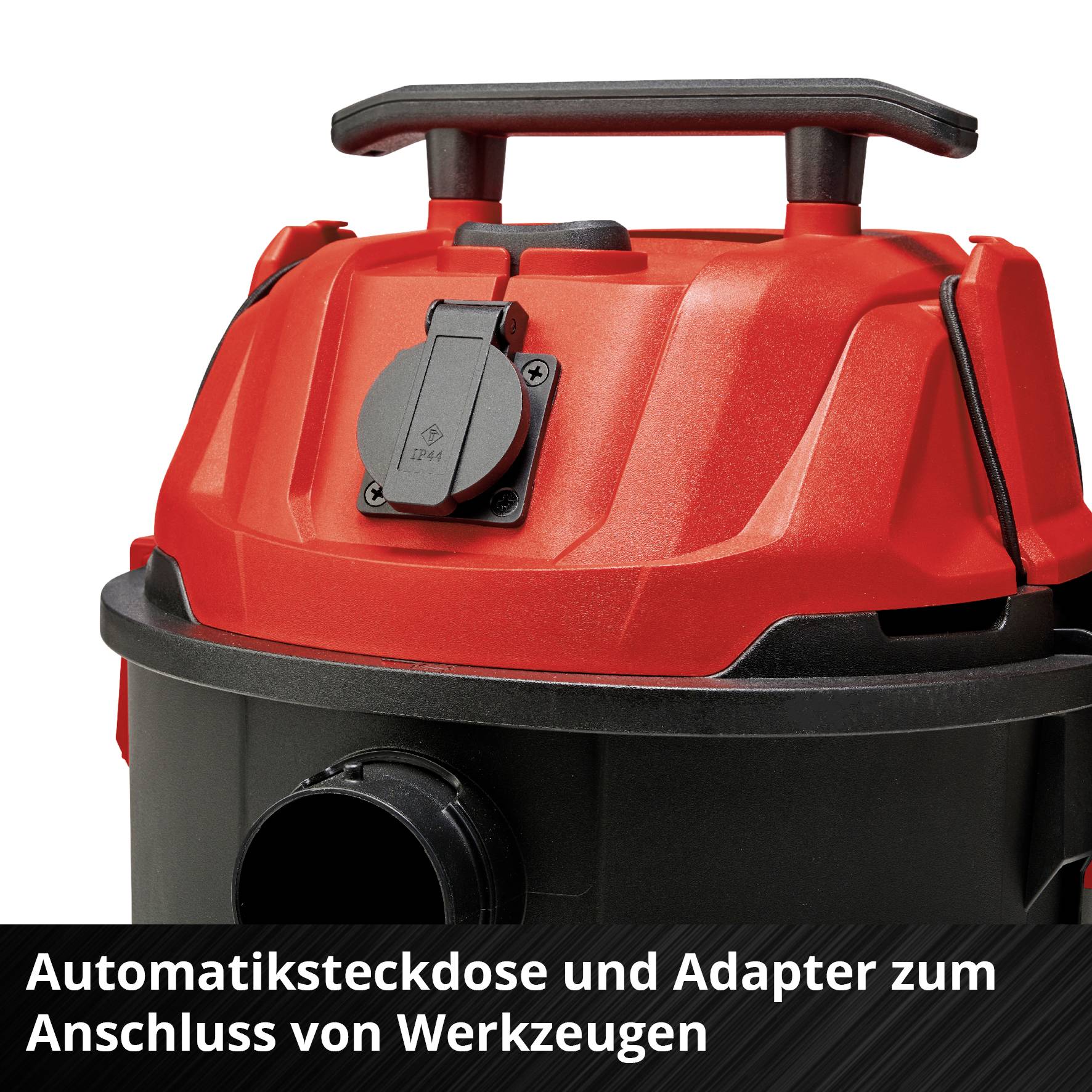 'Automatiksteckdose und Adapter zum Anschluss von Werkzeugen.' Ein roter, tragbarer Werkzeugadapter mit Steckbuchsen.