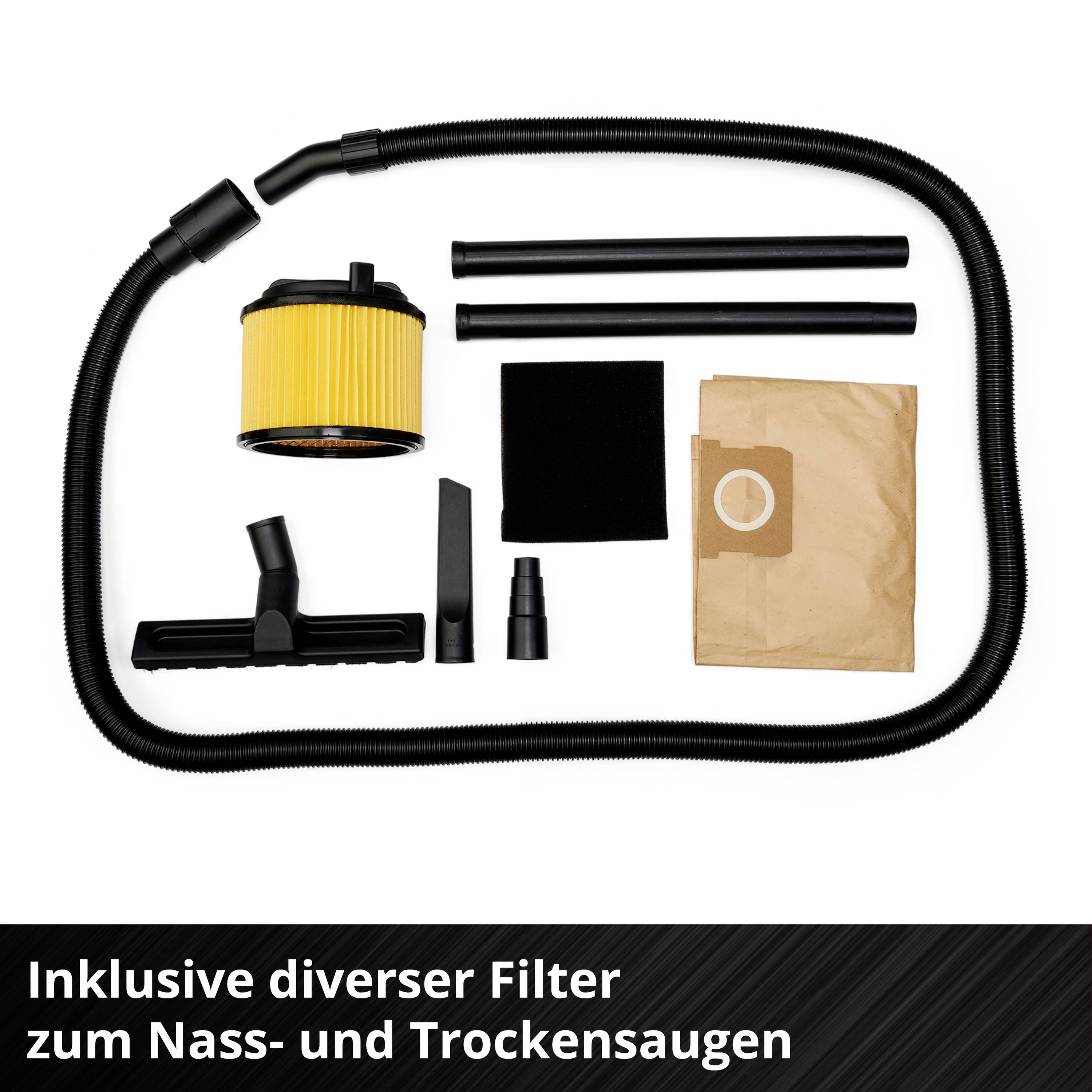 'Inklusive diverser Filter zum Nass- und Trockensaugen' zeigt Staubsaugerzubehör wie Schläuche, Filter und Beutel.