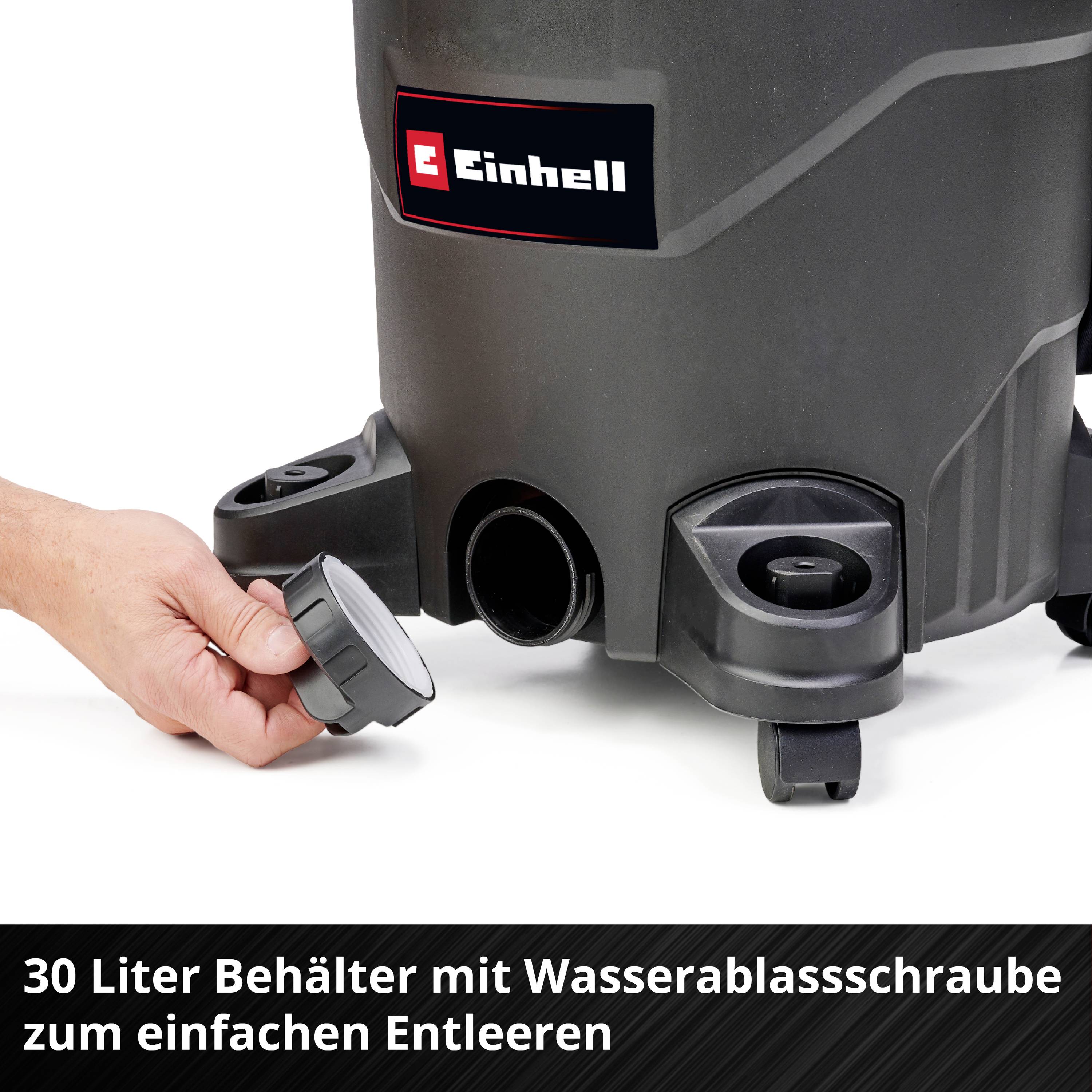 Einhell Staubsauger, 30-Liter-Behälter mit Wasserablassschraube, leicht zu entleeren.