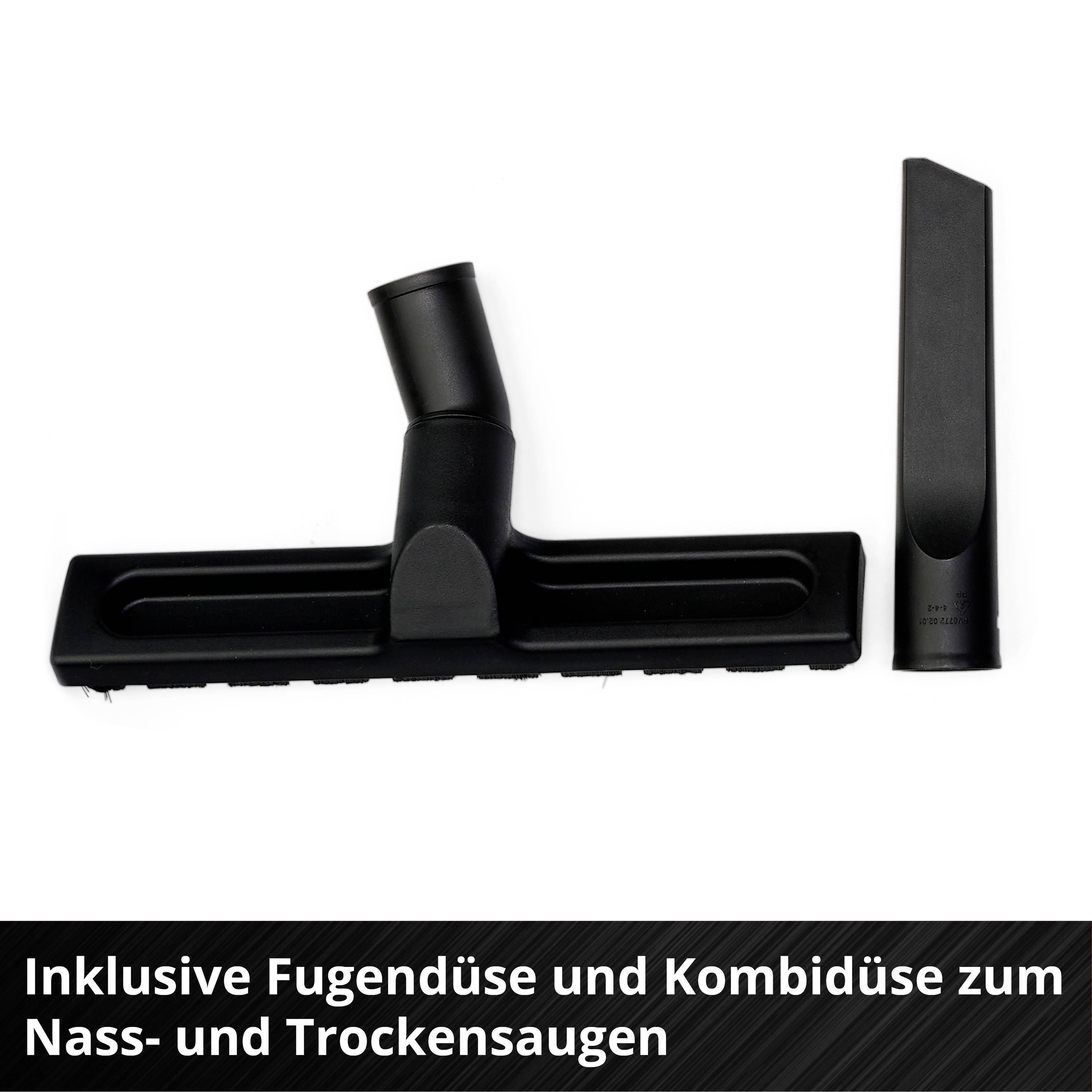 Zwei Staubsaugerdüsen: links eine Kombidüse, rechts eine Fugendüse. Text 'Inklusive Fugendüse und Kombidüse zum Nass- und Trockensaugen'.