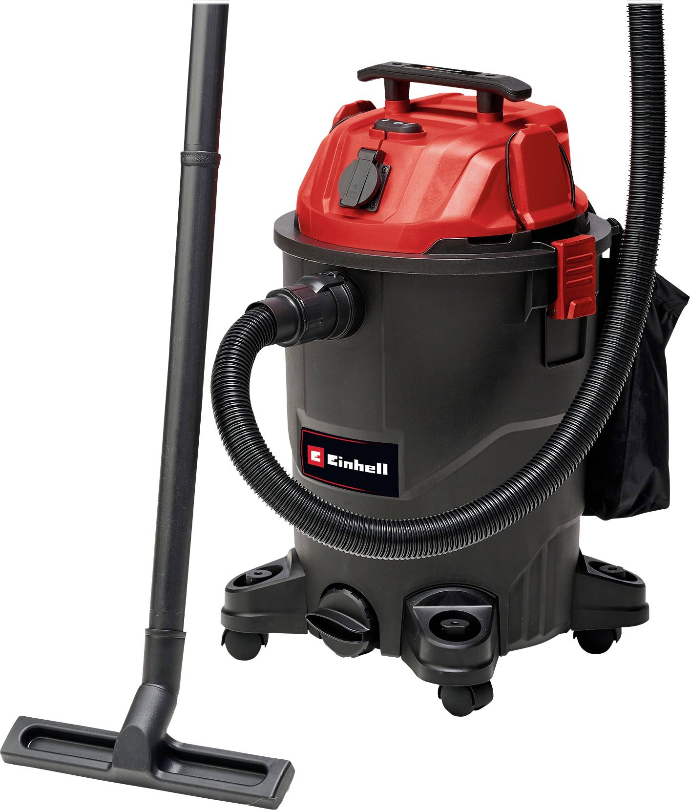 Nass-Trockensauger von Einhell mit rotem Gehäuse und schwarzem Schlauch, auf Rollen, für vielseitige Reinigungsanwendungen.