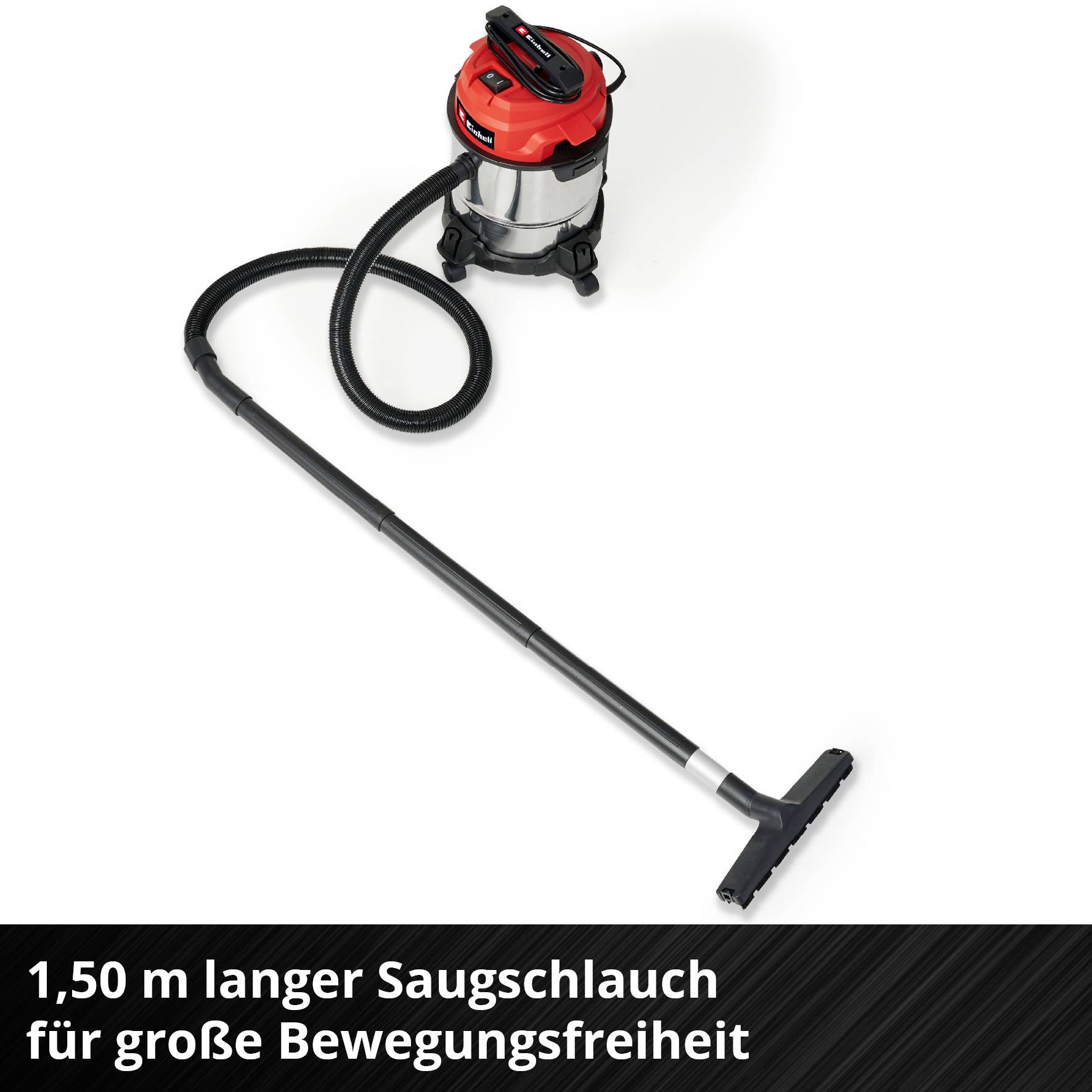 Nass- und Trockensauger mit langem Saugschlauch für große Bewegungsfreiheit, ideal für vielseitige Reinigungsarbeiten.