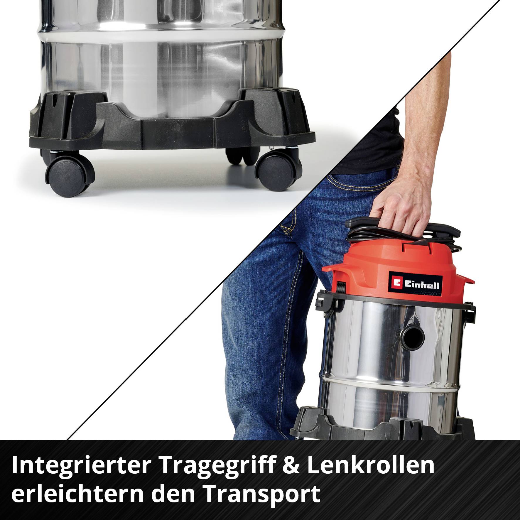 Integrierter Tragegriff und Lenkrollen für einfachen Transport eines silbernen Staubsaugers mit schwarzem Boden und Einhell-Logo.