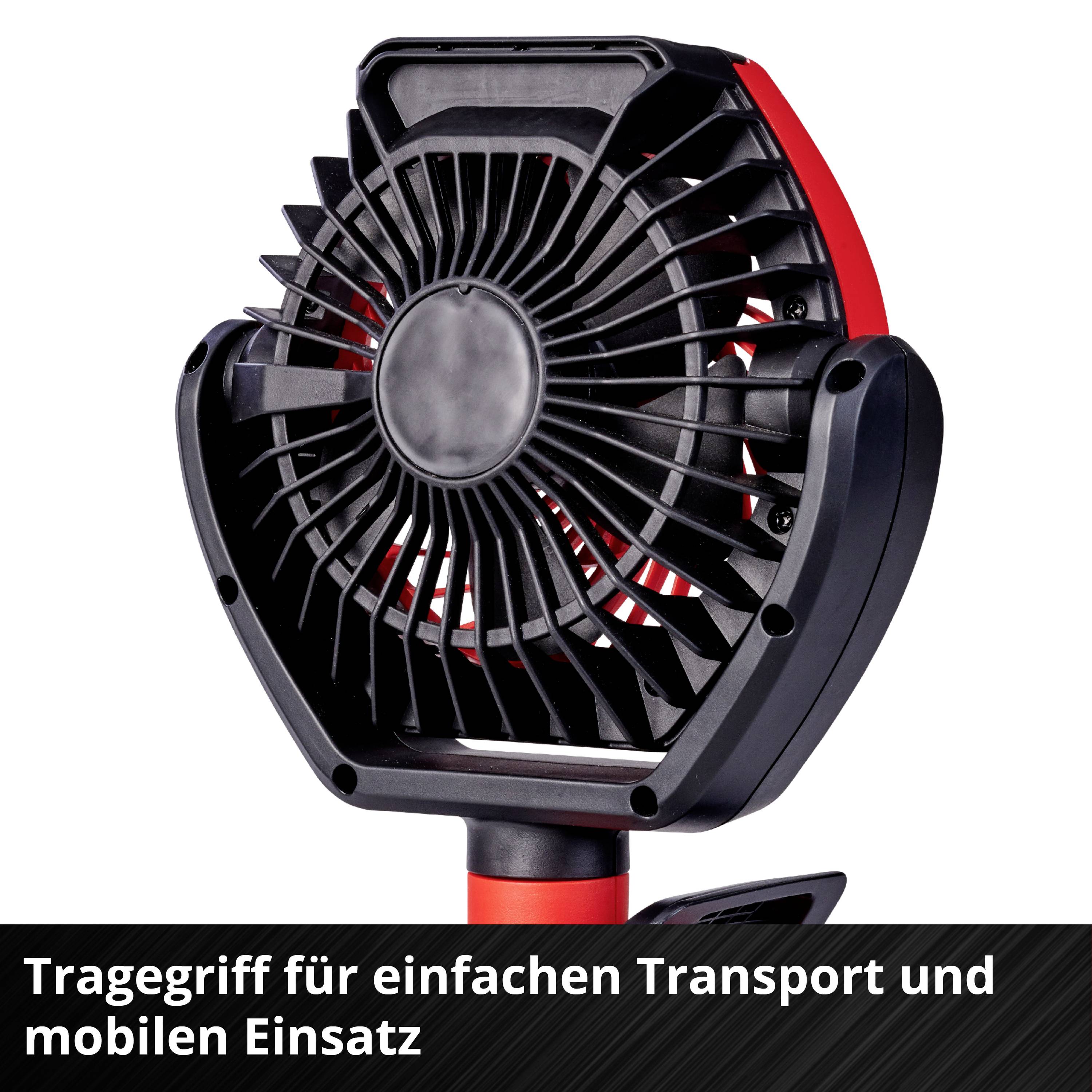 Ein schwarzer Ventilator mit Tragegriff vorne, rot-schwarzer Standfuß. Text: 'Tragegriff für einfachen Transport und mobilen Einsatz'.