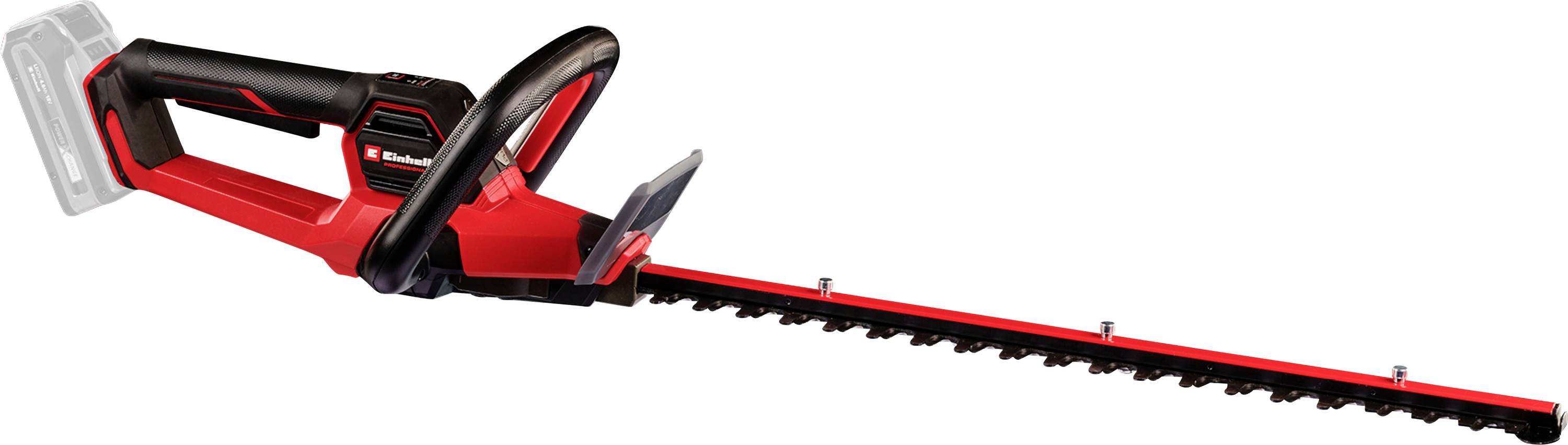Ein roter kabelloser Heckenschneider mit schwarzem Griff und langen Schneidblättern, ideal für Gartenarbeiten zur Heckenpflege.